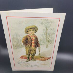 Vintage "Wishing You A Bright New Year" Greeting Card Little Boy‎ Winter Unused